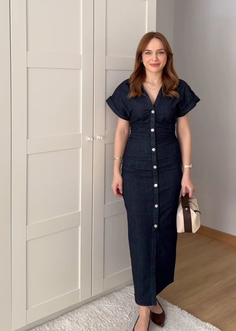 Elegantes Denim-Midi-Kleid mit Kragen & Reißverschluss – Taillierter Jeanskleid-Look