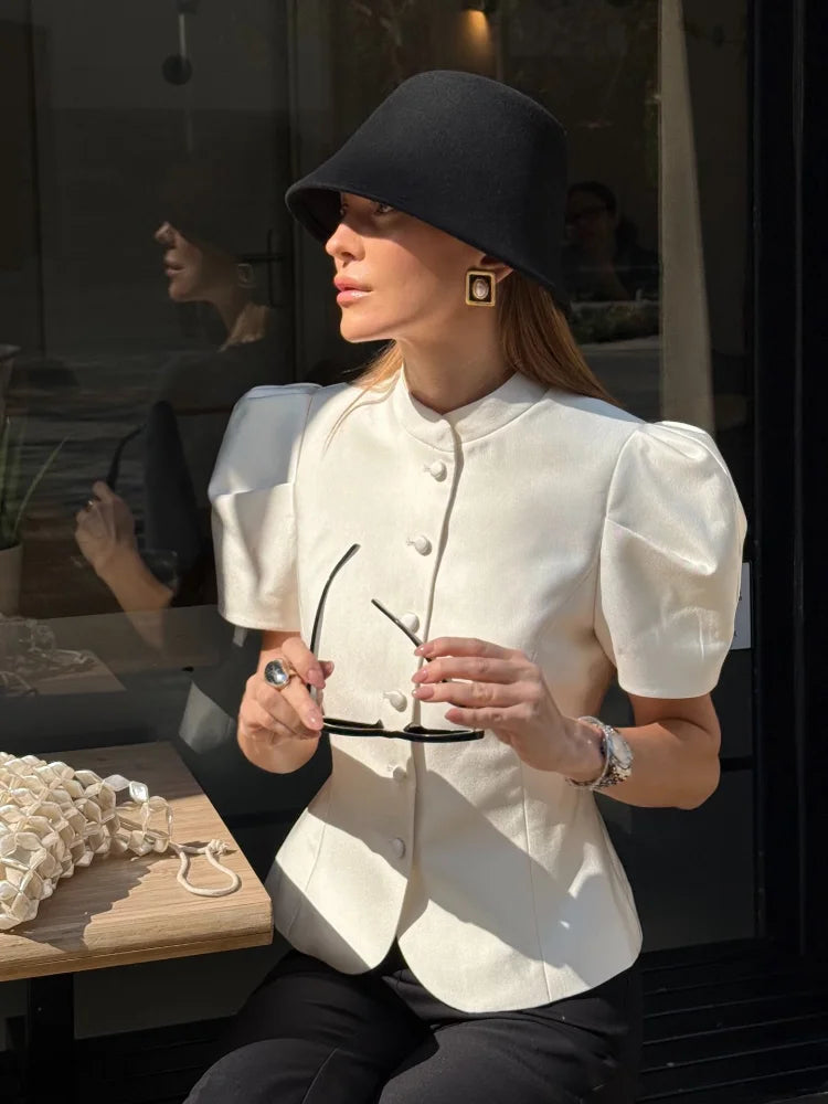 Cropped Puffärmel-Top mit Stehkragen - JWANOFFIZIELL