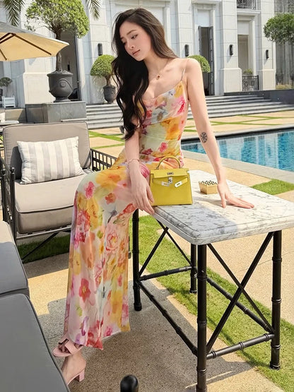 Blumen-Maxi-Trägerkleid Damen – Tief-V Ärmellos High-Waist Sommerkleid