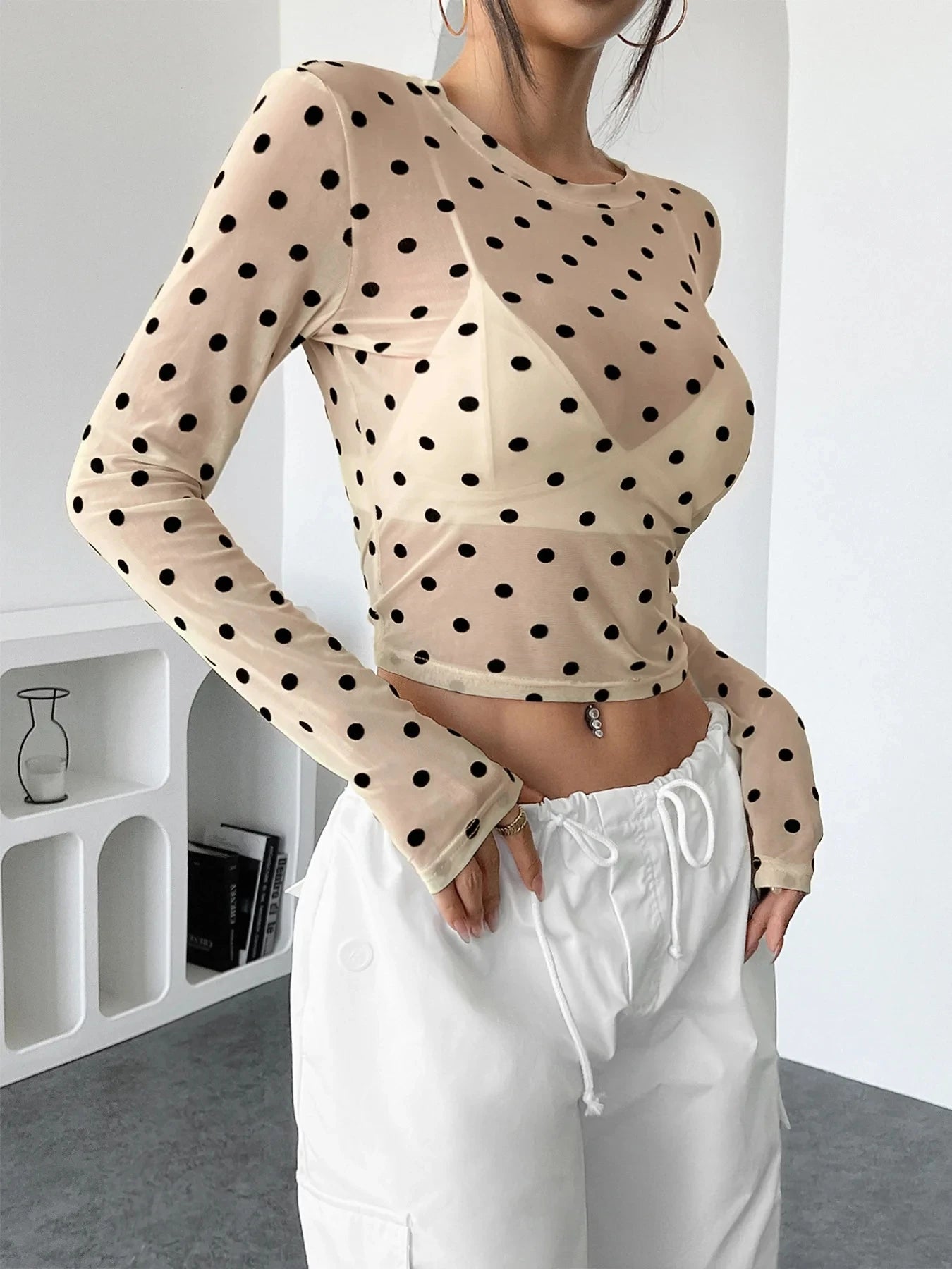 Polka-Dot-Mesh-Top Damen – Y2K Langarm Transparent See-Through Clubwear
