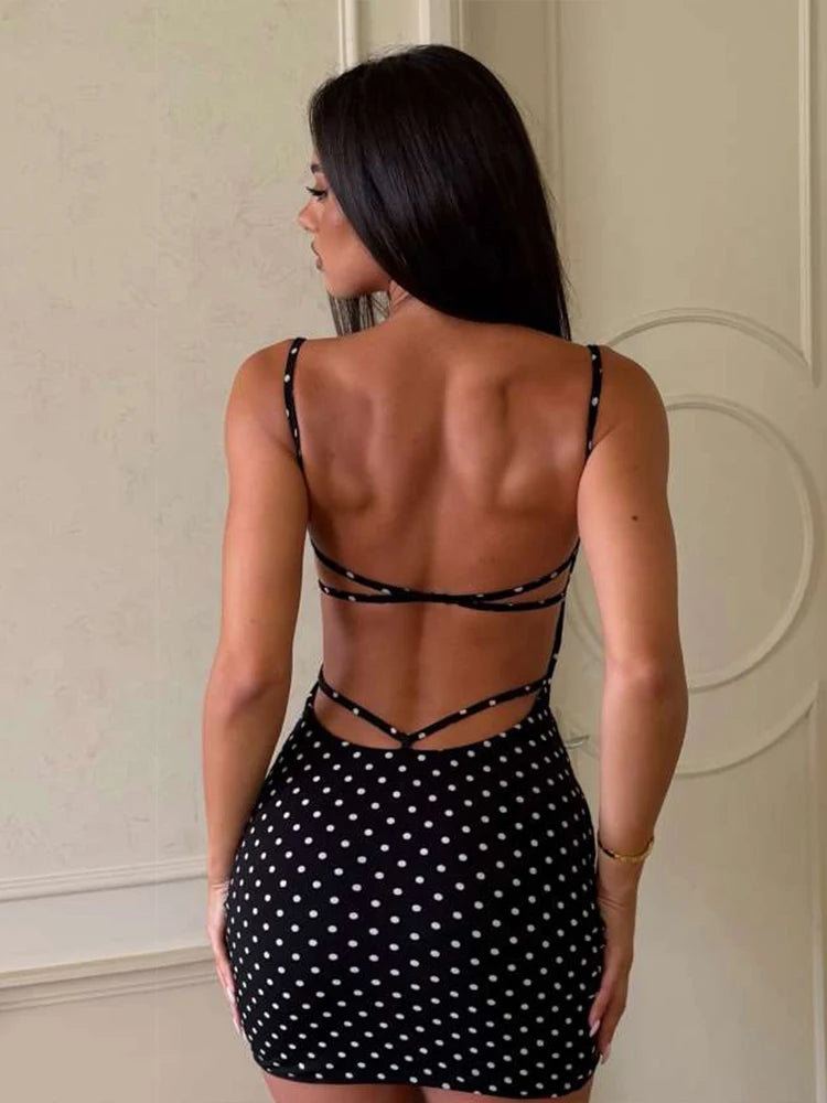 Damen Polka Dot Mini Kleid Tief-V Rückenfrei Bodycon