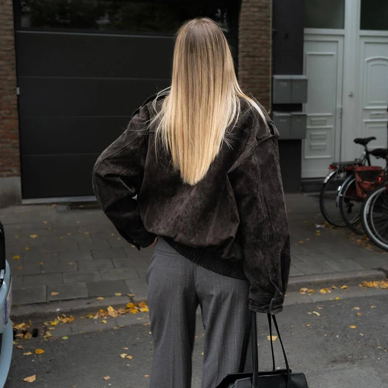 Veloursleder-Bomberjacke Oversize - JWANOFFIZIELL