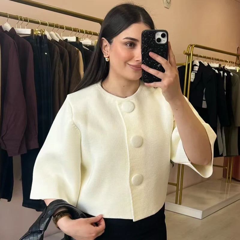Damen Crop Strick Cardigan Kurzarm Elegant Weiß