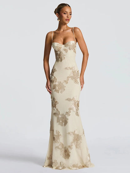 Blumen-Stickerei-Maxikleid Damen – Rückenfreies Bandage Tief-V Sommerkleid Elegant