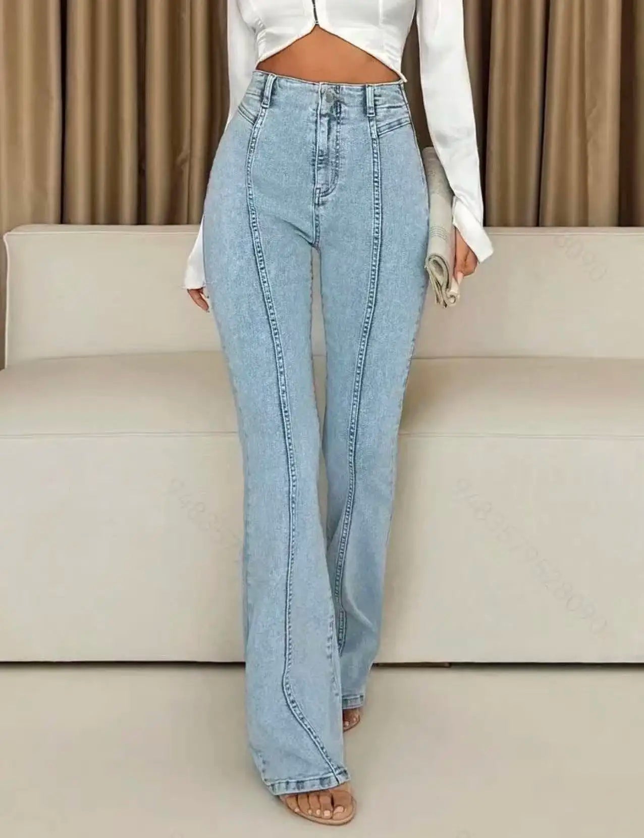 High-Waist-Schlagjeans Damen Hellblau – Vintage Flared Leg Casual Denim