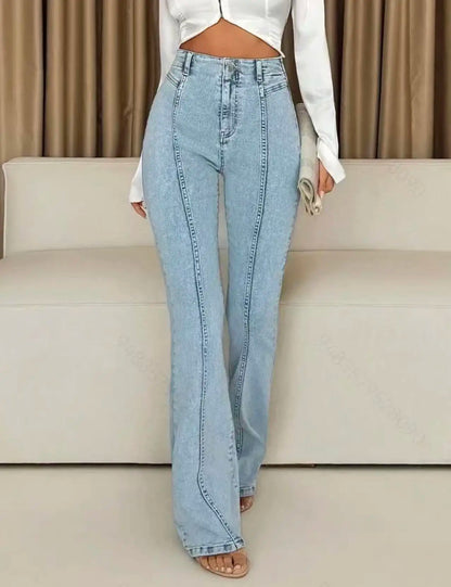 High-Waist-Schlagjeans Damen Hellblau – Vintage Flared Leg Casual Denim