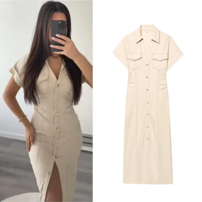 Elegantes Denim-Midi-Kleid mit Kragen & Reißverschluss – Taillierter Jeanskleid-Look