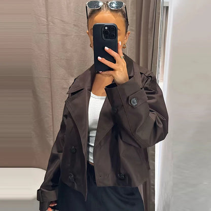 Damen Oversized Trenchcoat Zweireihig Cropped Herbst