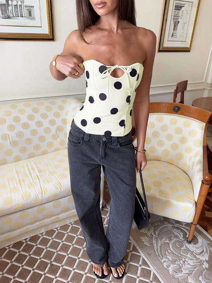 Schulterfreies Crop-Top Damen – Polka-Dot Schnürung Rückenfrei Tanktop