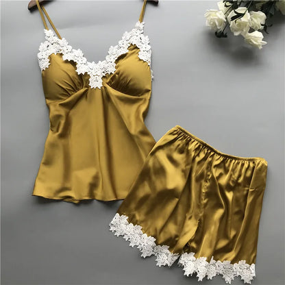 Damen Spitzen Träger Top & Shorts Homewear Set V-Ausschnitt