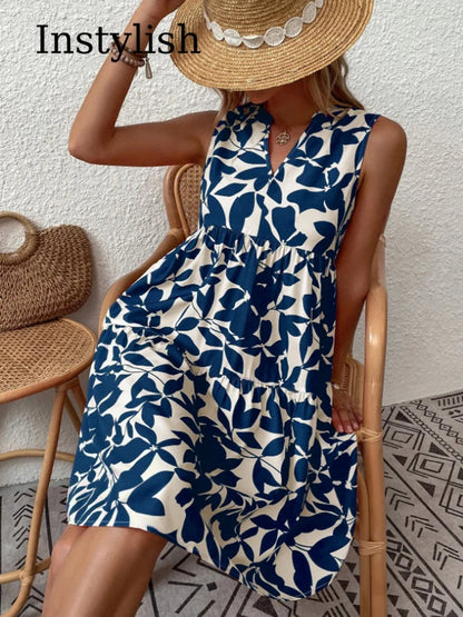 Damen Boho-Kleid mit Print, ärmellos, V-Ausschnitt