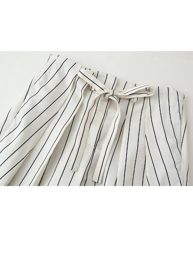 Beige Streifen-Set Puffärmel-Hemd & Hose - JWANOFFIZIELL