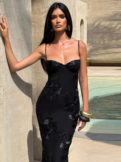 Blumen-Stickerei-Maxikleid Damen – Rückenfreies Bandage Tief-V Sommerkleid Elegant