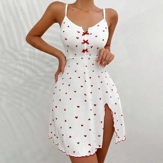 Damen Herzdruck Rippstrick Slip-Kleid Spaghetti-Träger Nachtwäsche