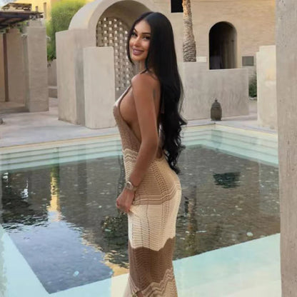 Halter-Strandkleid Damen Einfarbig – Rückenfrei Strick Figurbetonend Sommer