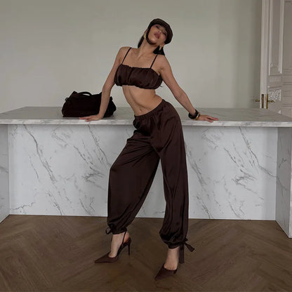 Satin-Zweiteiler Damen – Plissiertes Crop-Top & Weite Hose Elegant Party