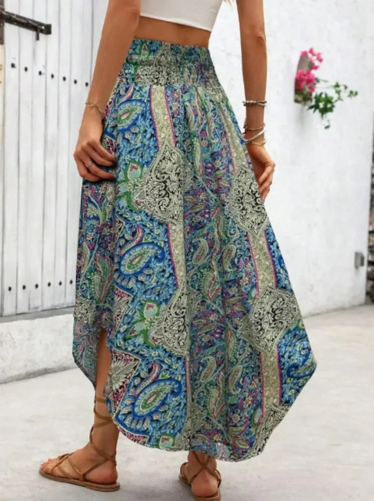 Damen Boho Maxi Rock mit Print Hoher Bund Strandrock