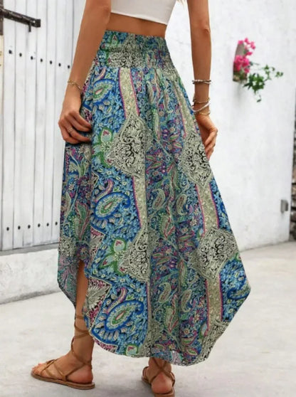 Damen Boho Maxi Rock mit Print Hoher Bund Strandrock
