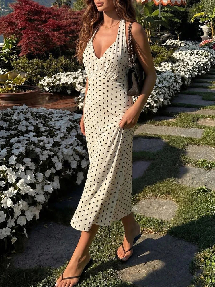 Damen Polka Dot Neckholder Maxi Kleid Rückenfreie Schnürung