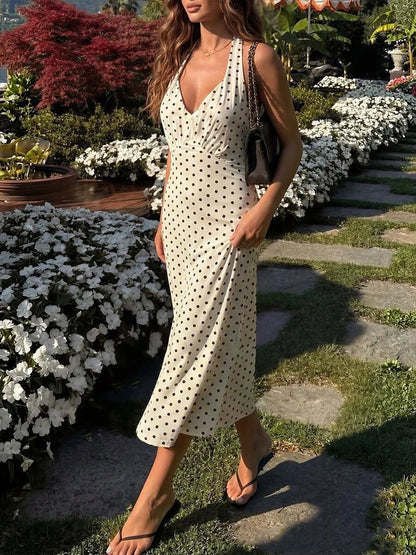 Damen Polka Dot Neckholder Maxi Kleid Rückenfreie Schnürung