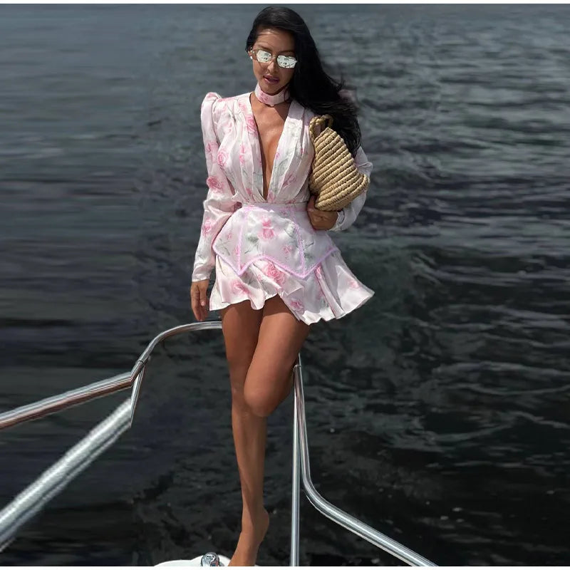Rosen-Print Satin-Playsuit mit Rüschen - JWANOFFIZIELL