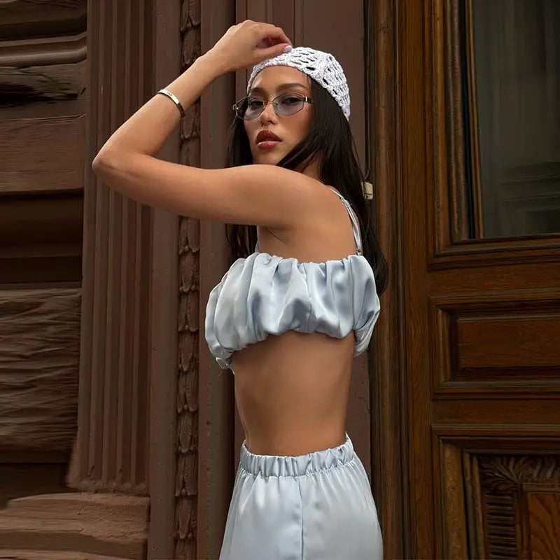 Satin-Zweiteiler Damen – Plissiertes Crop-Top & Weite Hose Elegant Party