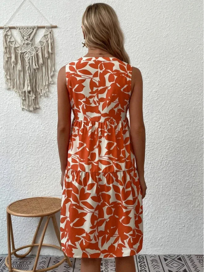 Damen Boho-Kleid mit Print, ärmellos, V-Ausschnitt