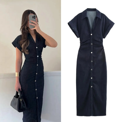 Elegantes Denim-Midi-Kleid mit Kragen & Reißverschluss – Taillierter Jeanskleid-Look