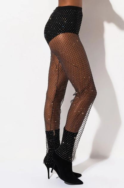 Glitzer-Fischnetz-Hose Damen – Kristall-Details Transparent Sexy Strandwear