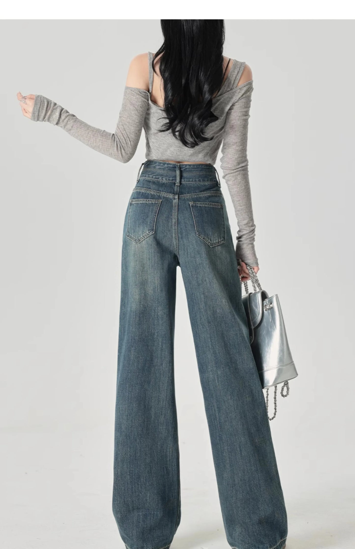 Wide-Leg-Jeans Damen – High-Waist Straight Leg Casual Kontrastfarben