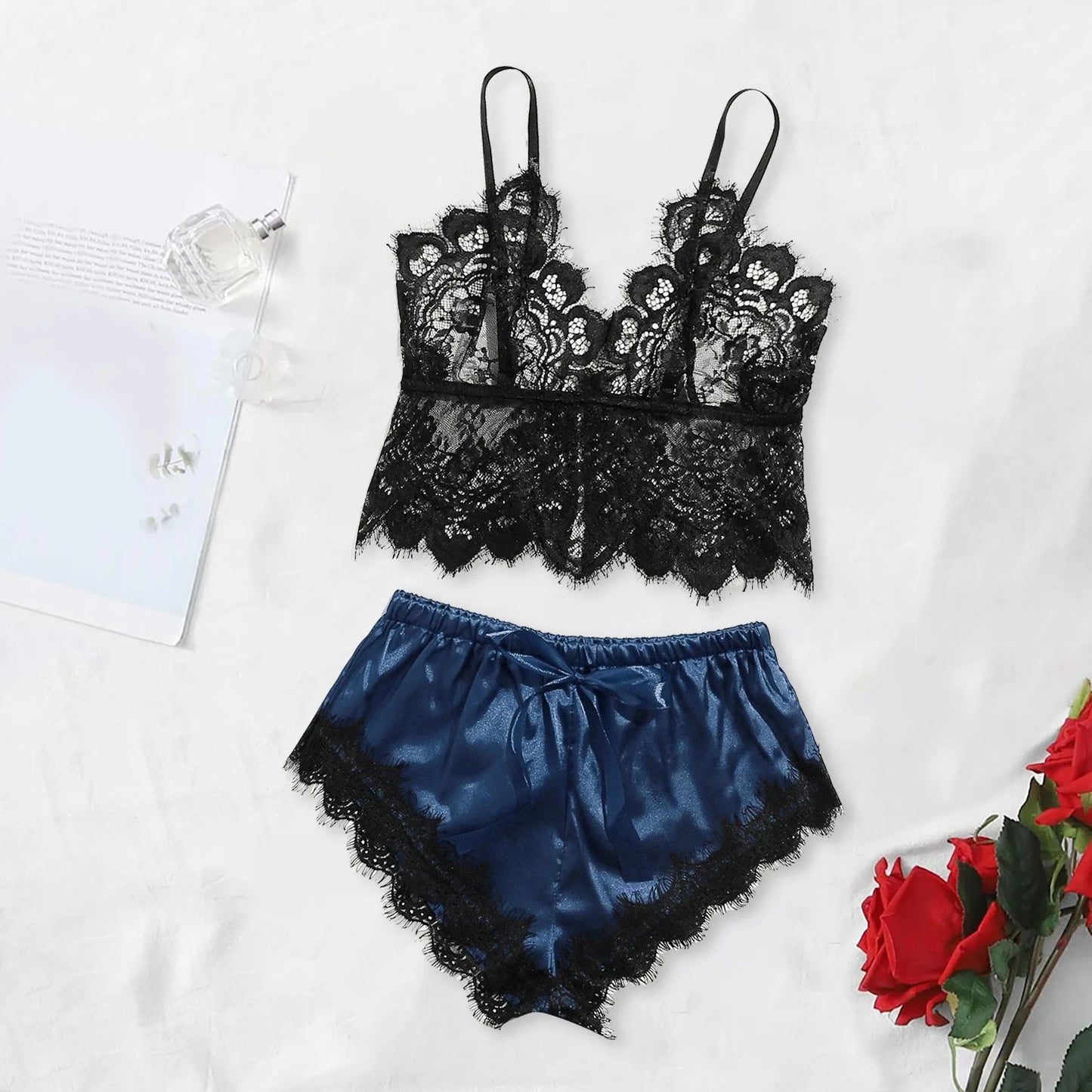 Damen Spitzen-Trägertop & Shorts Dessous-Schlafanzug-Set