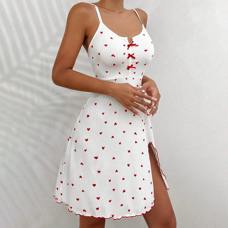 Damen Herzdruck Rippstrick Slip-Kleid Spaghetti-Träger Nachtwäsche