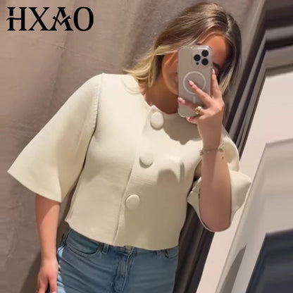 Damen Crop Strick Cardigan Kurzarm Elegant Weiß