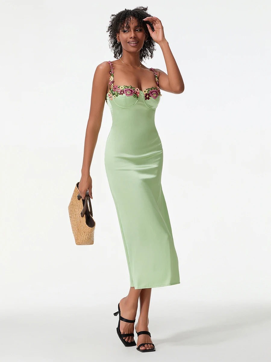 Damen Satin Bodycon Kleid mit Blumenstickerei
