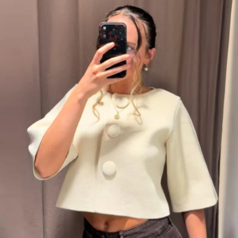 Damen Crop Strick Cardigan Kurzarm Elegant Weiß