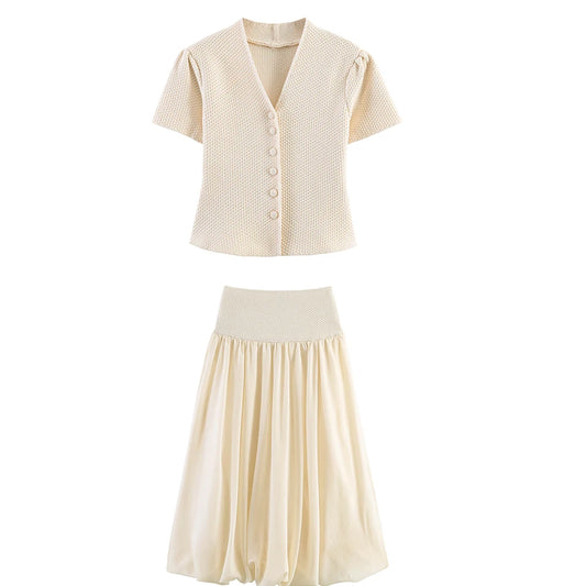 Elegantes Strick-Set – Kurzarm-Jacke & Midirock | Minimalistischer Sommerlook