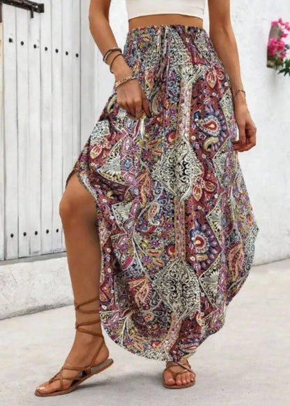 Damen Boho Maxi Rock mit Print Hoher Bund Strandrock