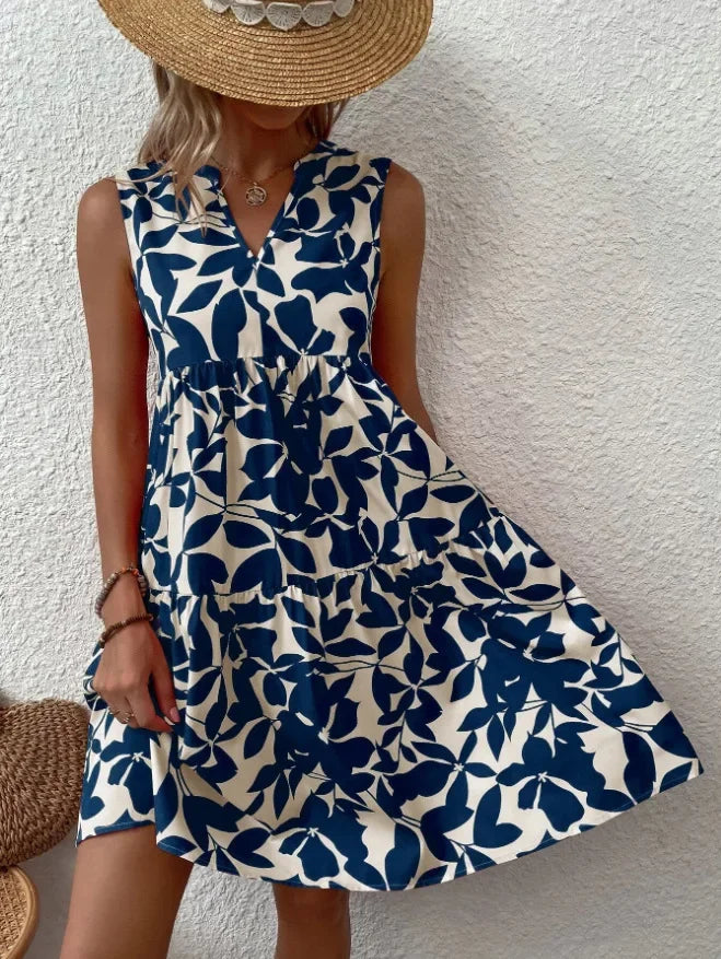 Damen Boho-Kleid mit Print, ärmellos, V-Ausschnitt