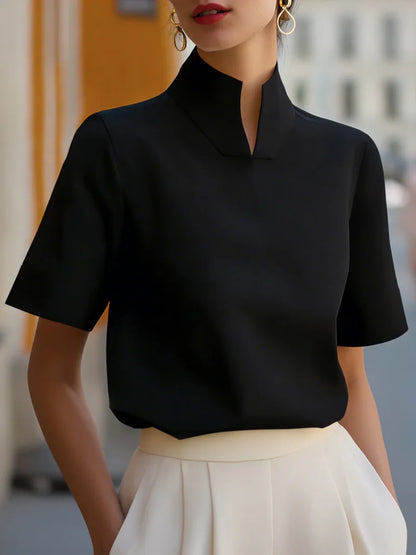 Elegante Kurzarm-Bluse mit Stehkragen & Geteiltem Ausschnitt – Business Office Top
