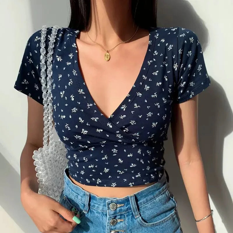 Blumen-Print-T-Shirt Damen – V-Ausschnitt Kurzarm Slim Fit Retro Sommer