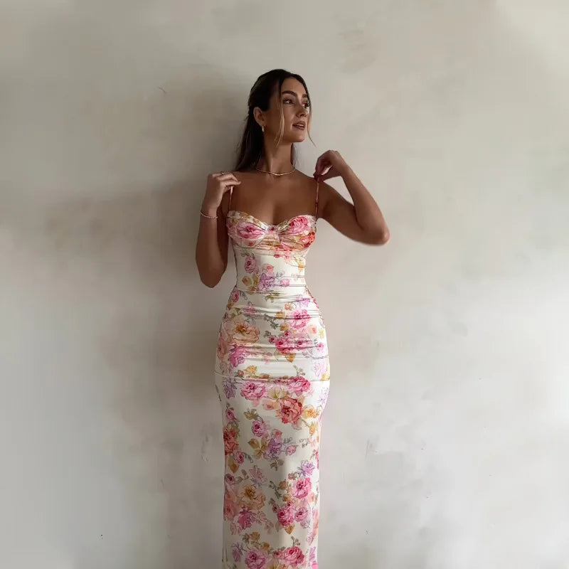Damen Blumen Spaghetti-Träger Mini-Kleid mit Schlitz