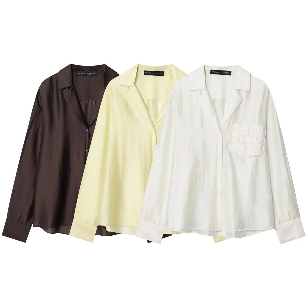 Bestickte Transparente Bluse mit Reverskragen - JWANOFFIZIELL