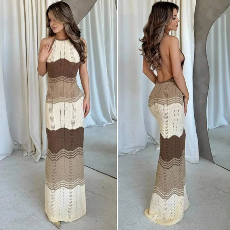 Gestricktes Strandkleid Damen Einfarbig – Halter Rückenfrei Bodycon Sommer