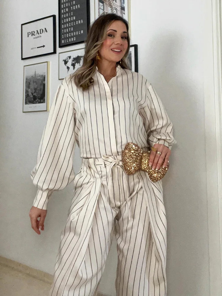 Beige Streifen-Set Puffärmel-Hemd & Hose - JWANOFFIZIELL