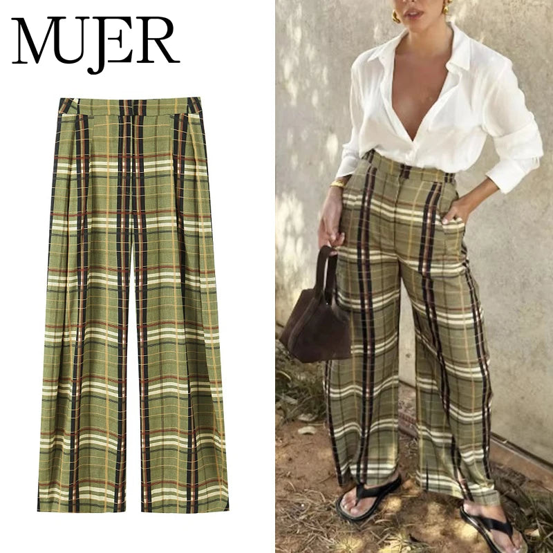 Karierte Wide-Leg Hose Damen – Oversize Vintage Plissee-Hose mit Mittelhohem Bund
