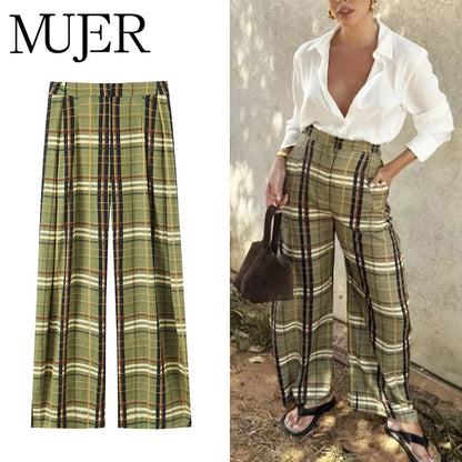 Karierte Wide-Leg Hose Damen – Oversize Vintage Plissee-Hose mit Mittelhohem Bund
