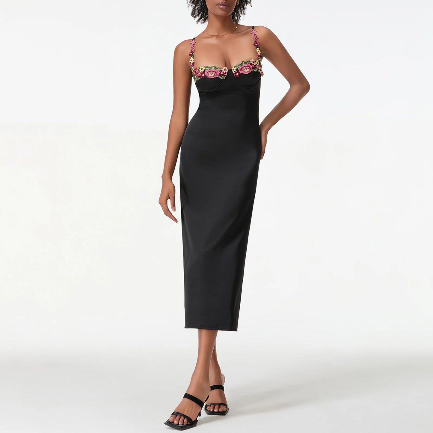 Damen Satin Bodycon Kleid mit Blumenstickerei