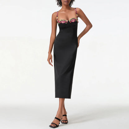 Damen Satin Bodycon Kleid mit Blumenstickerei