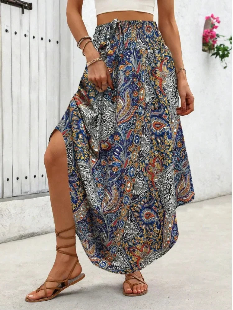 Damen Boho Maxi Rock mit Print Hoher Bund Strandrock