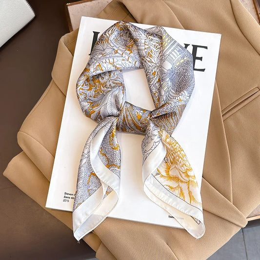 Boho Satin Seidentuch Damen – Quadratisches Kopftuch mit Blumen & Tropenmuster